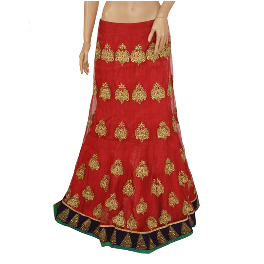 Sanskriti Vintage Lang Nederdel Net Mesh Rød Håndperlesøm Zardozi Lehenga