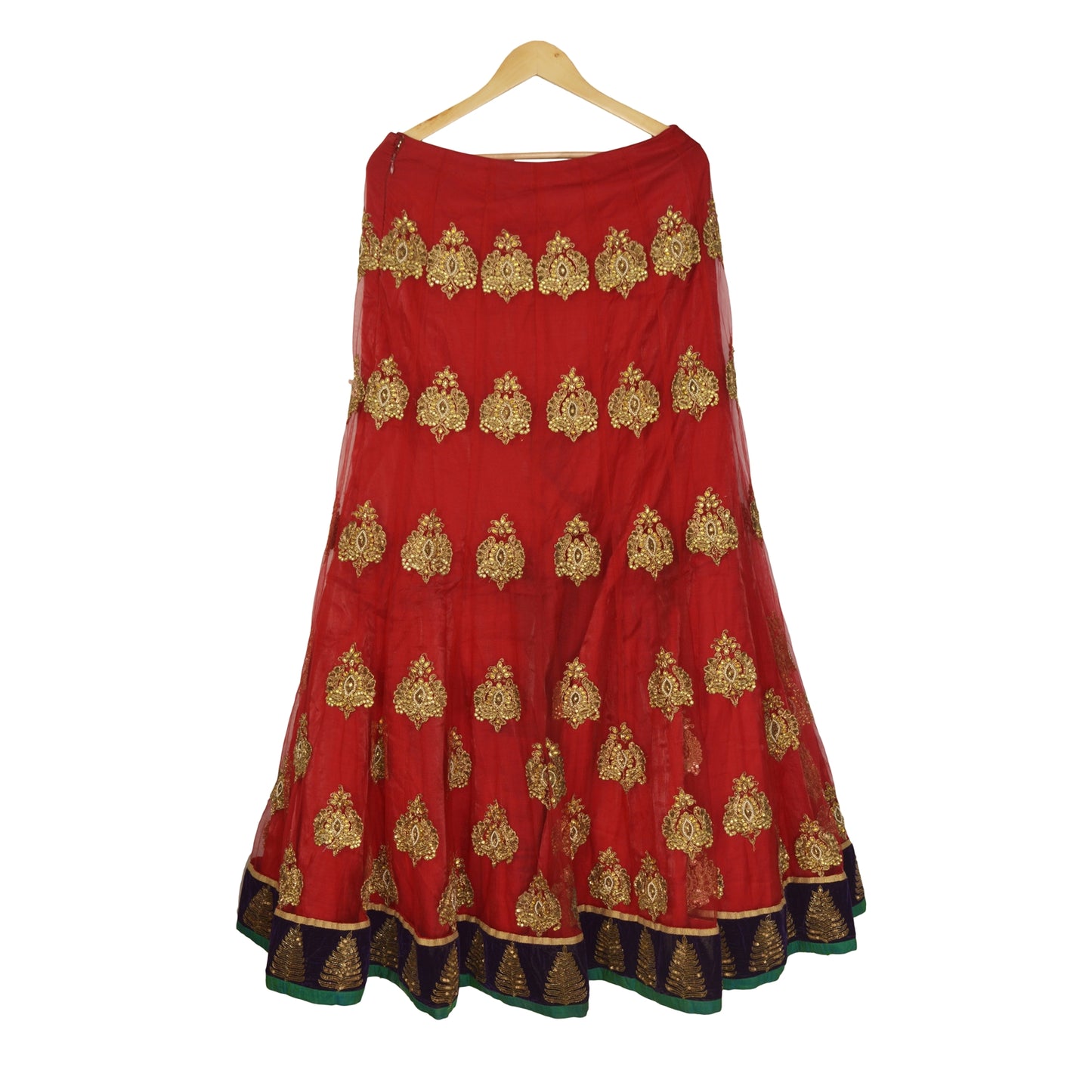 Sanskriti Vintage Lang Nederdel Net Mesh Rød Håndperlesøm Zardozi Lehenga