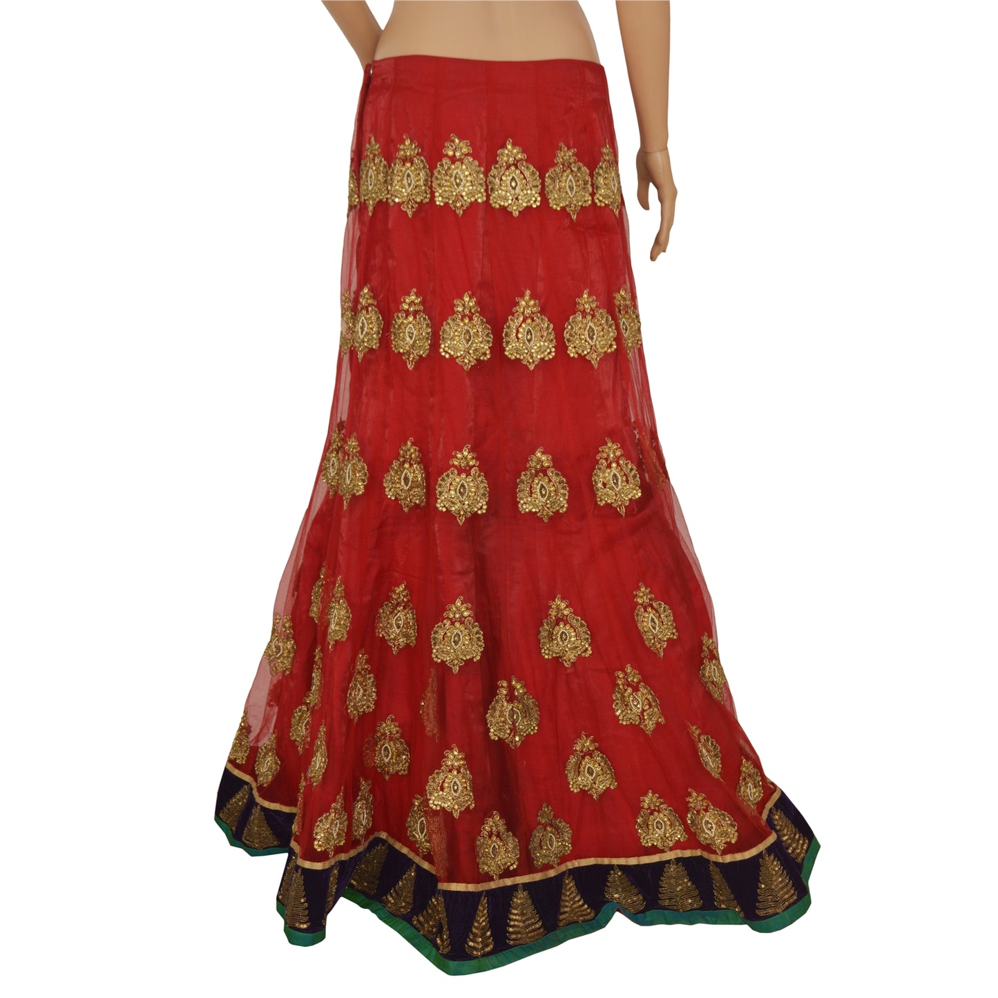 Sanskriti Vintage Lang Nederdel Net Mesh Rød Håndperlesøm Zardozi Lehenga