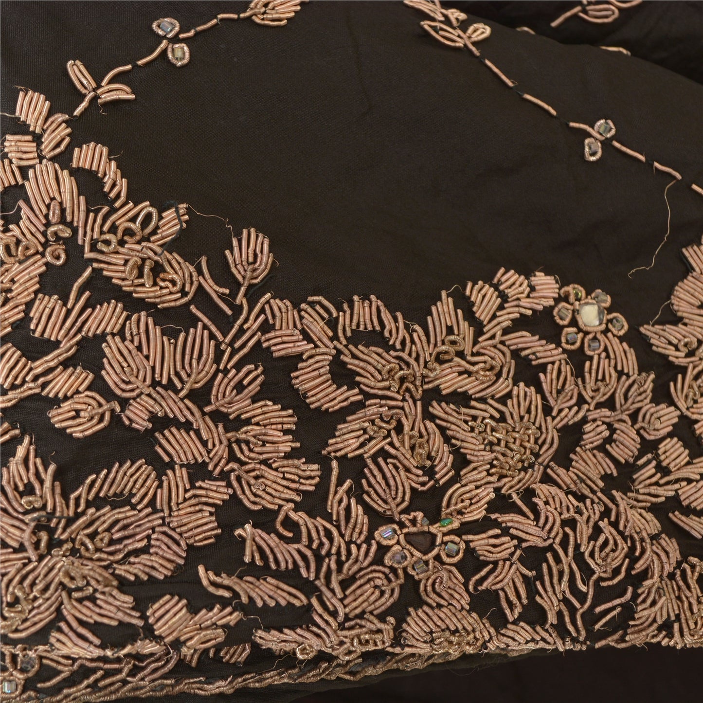 Sanskriti Vintage Lang Nederdel 100% Ren Silke Sort Håndperlesøm Lehenga