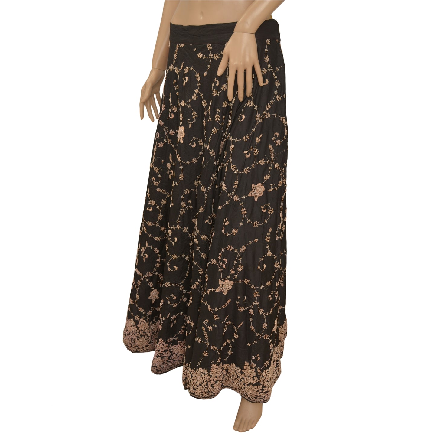 Sanskriti Vintage Lang Nederdel 100% Ren Silke Sort Håndperlesøm Lehenga
