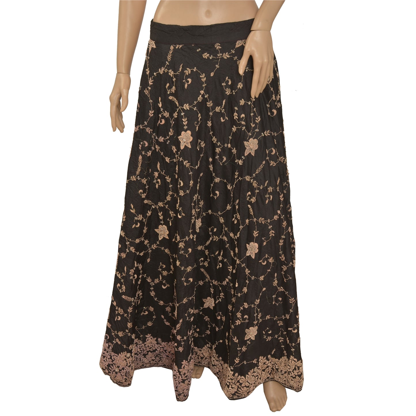 Sanskriti Vintage Lang Nederdel 100% Ren Silke Sort Håndperlesøm Lehenga