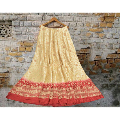 Sanskriti Vintage Lang Nederdel Ren Satin Silke Creme Håndlavet Usyet Lehenga