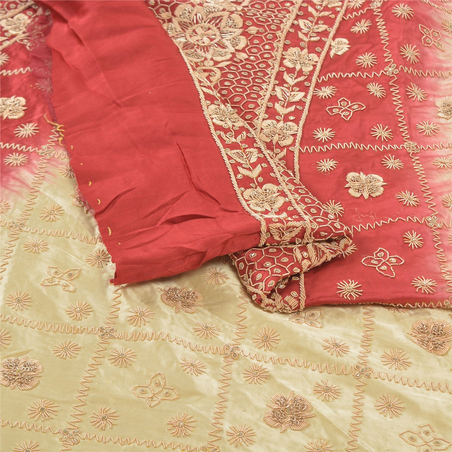 Sanskriti Vintage Lang Nederdel Ren Satin Silke Creme Håndlavet Usyet Lehenga