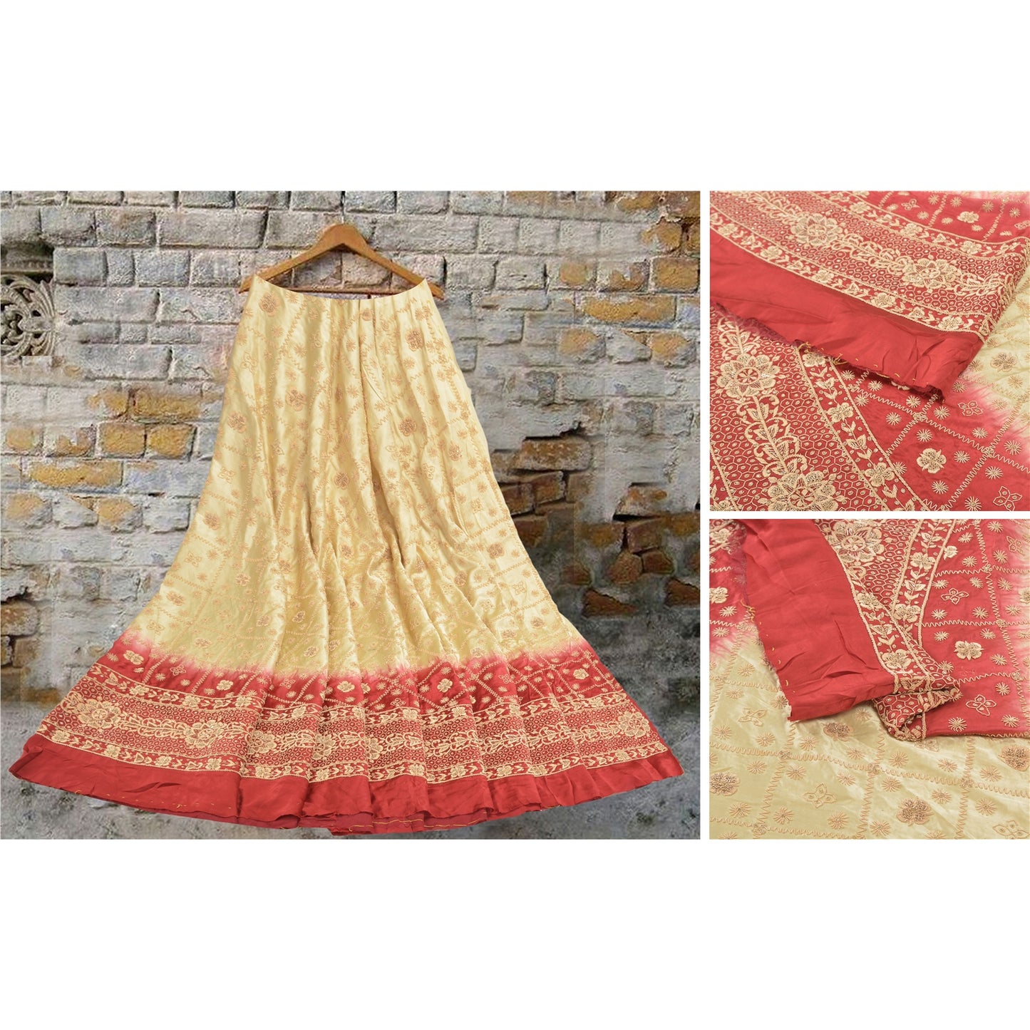 Sanskriti Vintage Lang Nederdel Ren Satin Silke Creme Håndlavet Usyet Lehenga