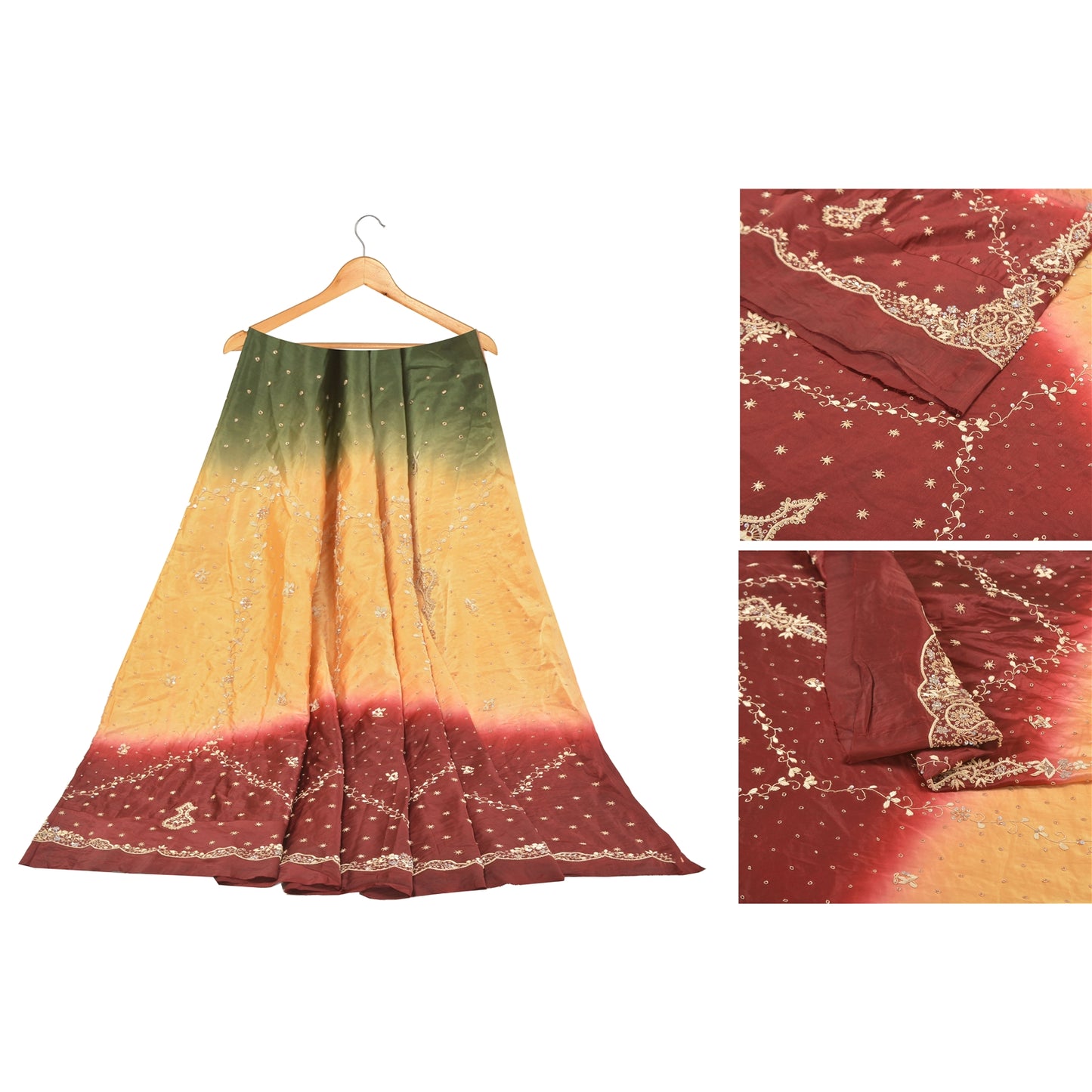 Sanskriti Vintage Long Skirt 100% Pure Satin Silk Hand Beaded Unstitched Lehenga