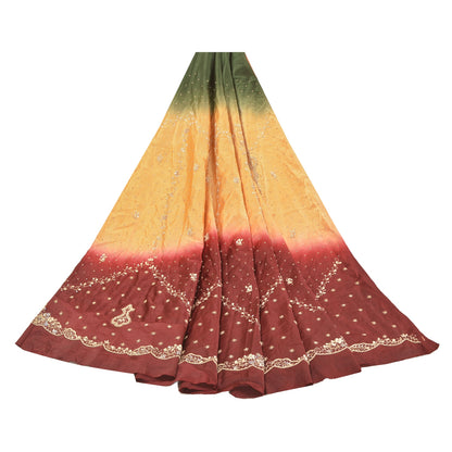 Sanskriti Vintage Long Skirt 100% Pure Satin Silk Hand Beaded Unstitched Lehenga