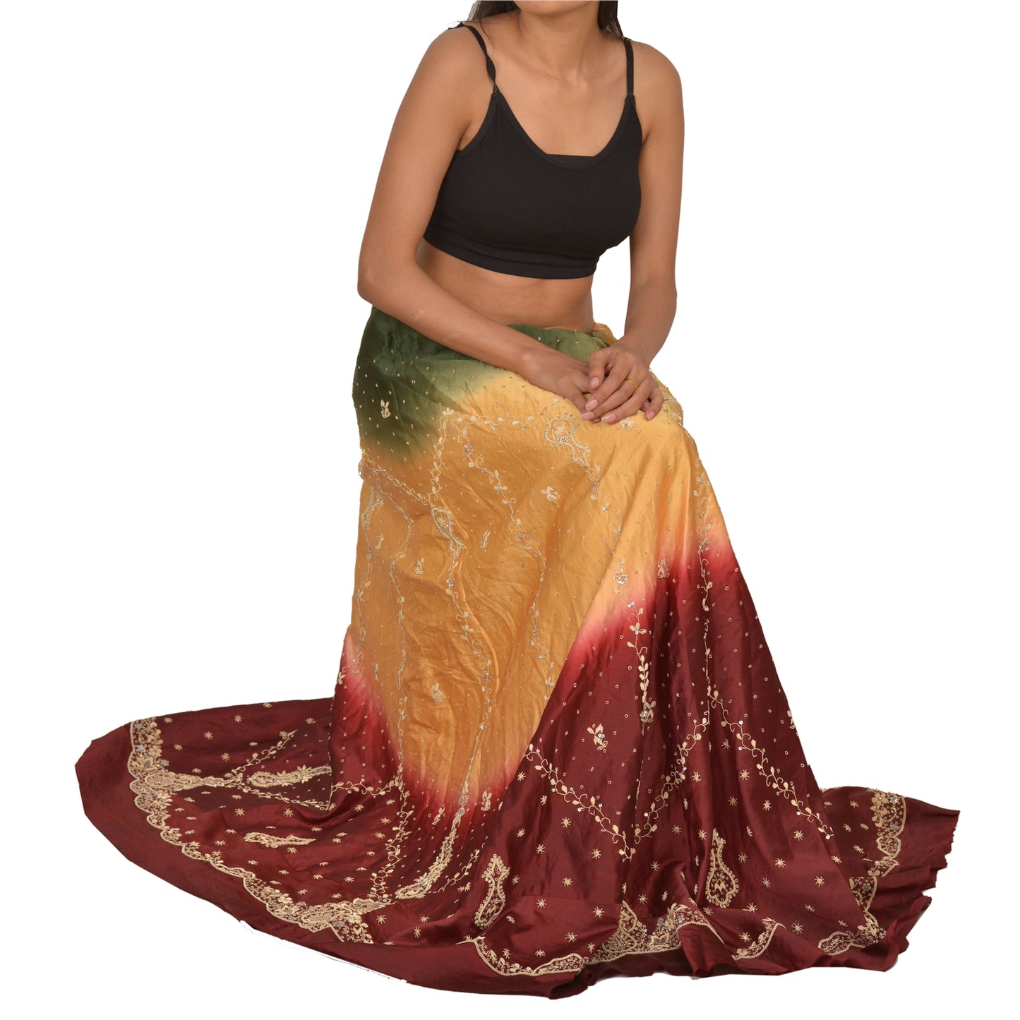 Sanskriti Vintage Long Skirt 100% Pure Satin Silk Hand Beaded Unstitched Lehenga