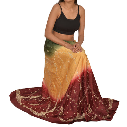 Sanskriti Vintage Long Skirt 100% Pure Satin Silk Hand Beaded Unstitched Lehenga