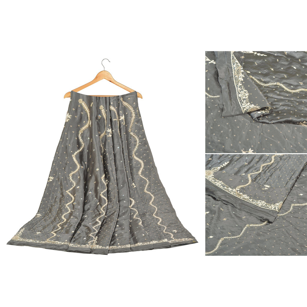 Sanskriti Vintage Long Skirt Pure Satin Silk Grey Hand Beaded Unstitched Lehenga