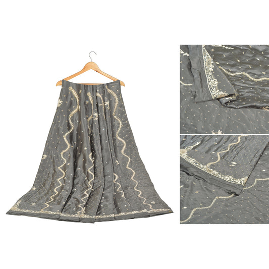 Sanskriti Vintage Long Skirt Pure Satin Silk Grey Hand Beaded Unstitched Lehenga