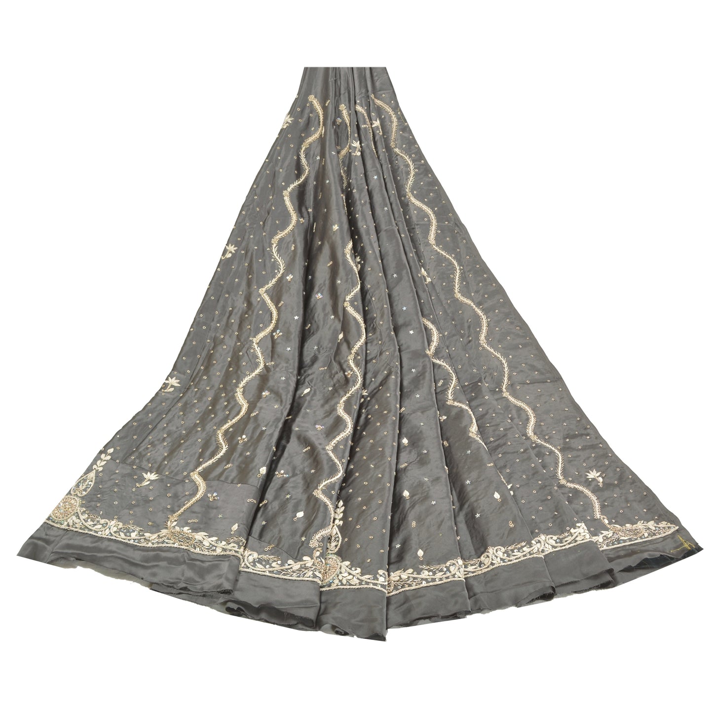 Sanskriti Vintage Long Skirt Pure Satin Silk Grey Hand Beaded Unstitched Lehenga