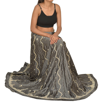 Sanskriti Vintage Long Skirt Pure Satin Silk Grey Hand Beaded Unstitched Lehenga