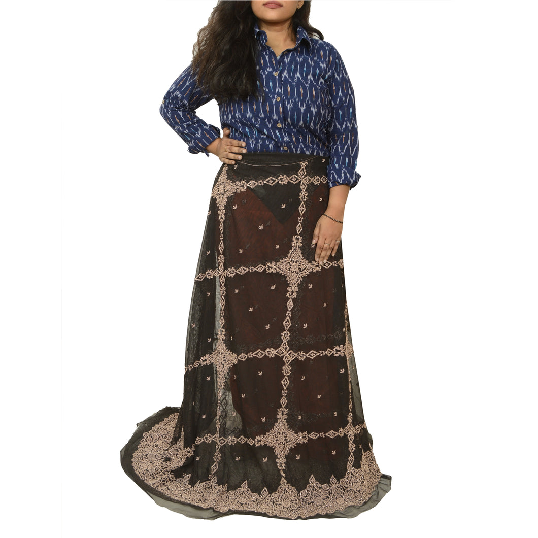 Sanskriti New Long Skirt Net Mesh Black Handmade Unstitched Zardozi Lehenga