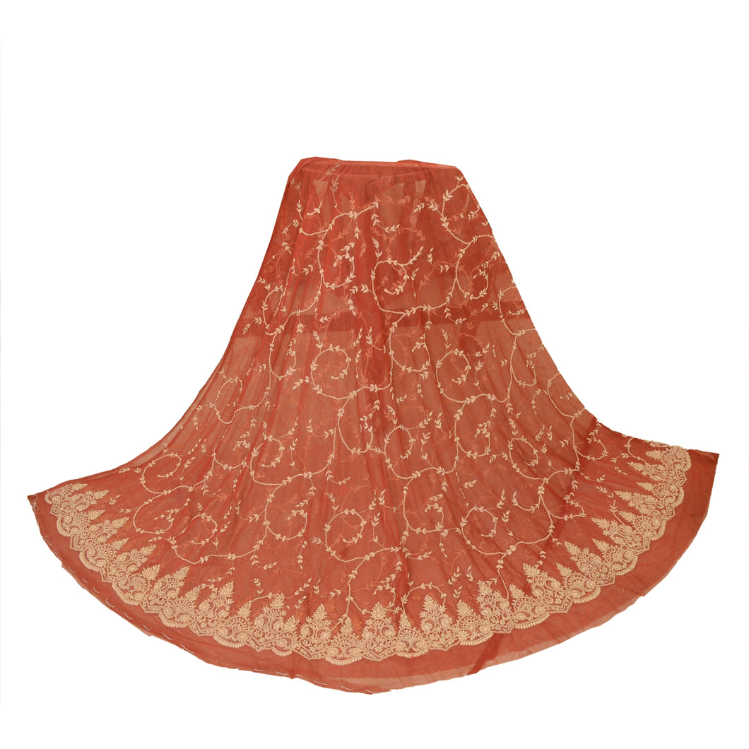 Sanskriti New Long Skirt Net Mesh Brick Red Handmade Unstitched Lehenga