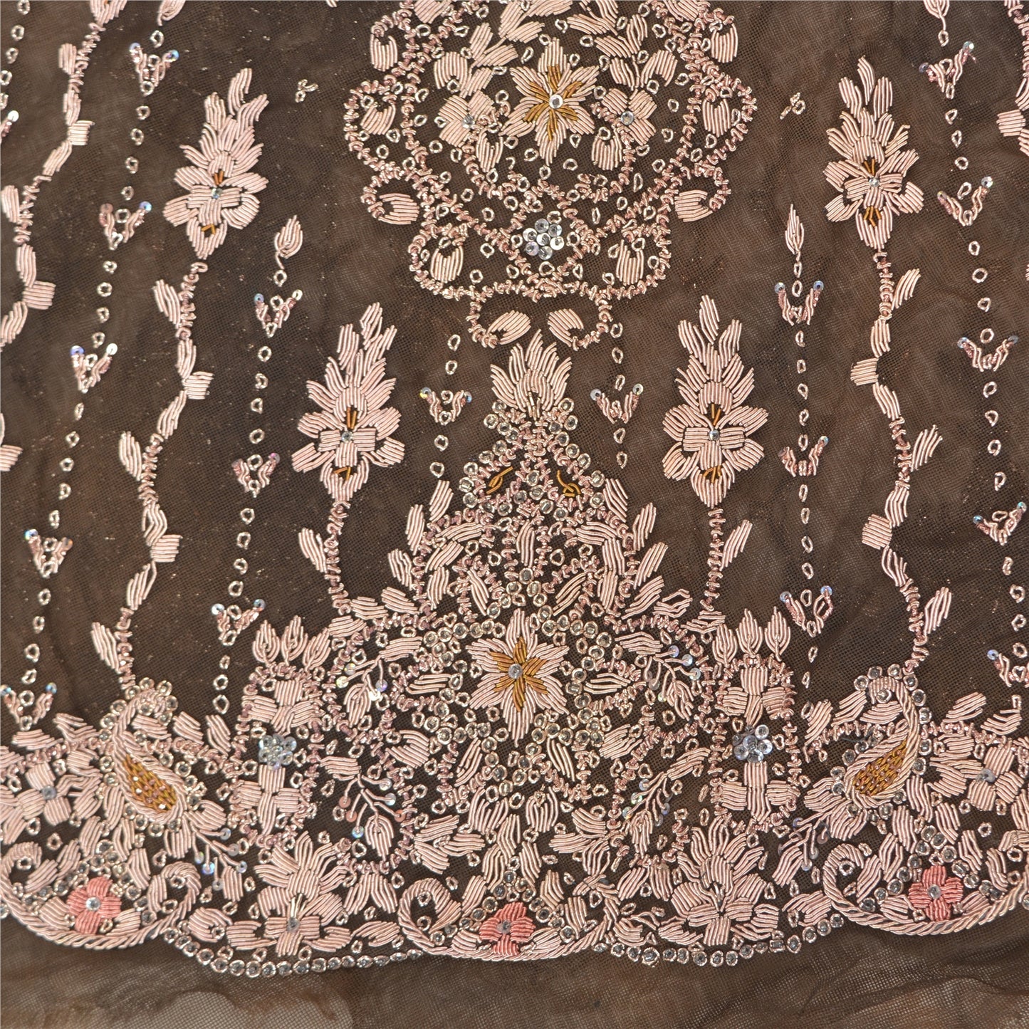 Sanskriti Vintage Lang Nederdel Net Mesh Mørkebrun Håndperlet Usyet Lehenga