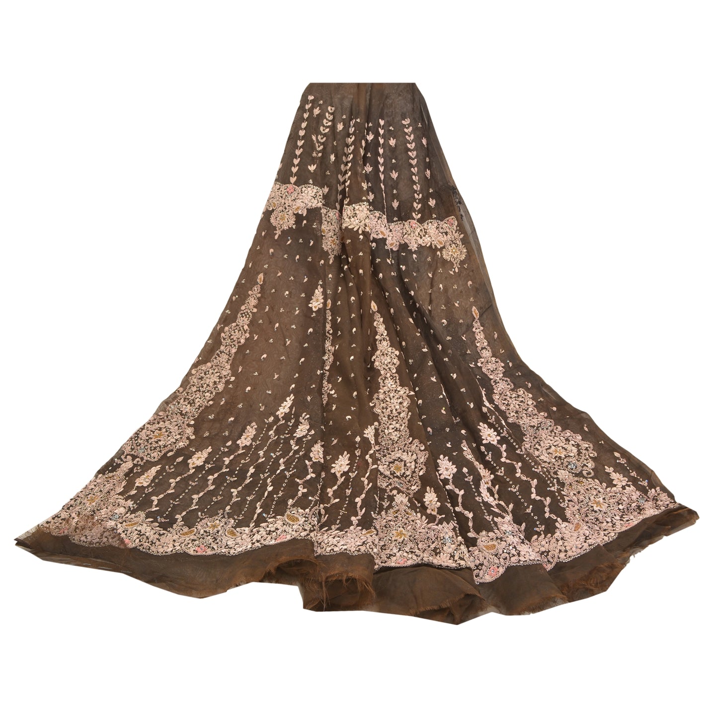 Sanskriti Vintage Lang Nederdel Net Mesh Mørkebrun Håndperlet Usyet Lehenga