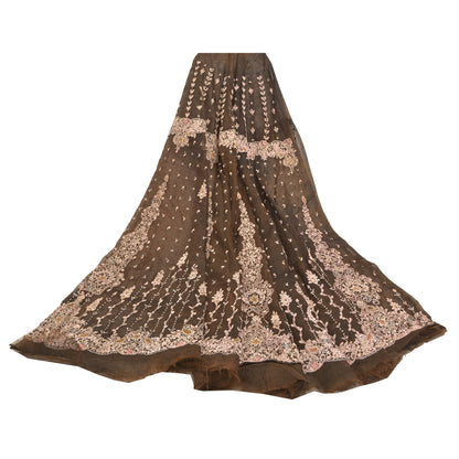Sanskriti Vintage Lang Nederdel Net Mesh Mørkebrun Håndperlet Usyet Lehenga