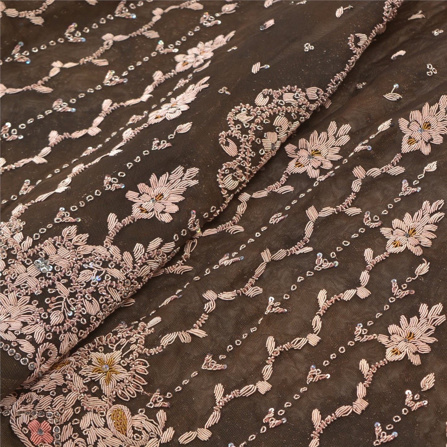 Sanskriti Vintage Lang Nederdel Net Mesh Mørkebrun Håndperlet Usyet Lehenga