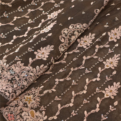 Sanskriti Vintage Lang Nederdel Net Mesh Mørkebrun Håndperlet Usyet Lehenga