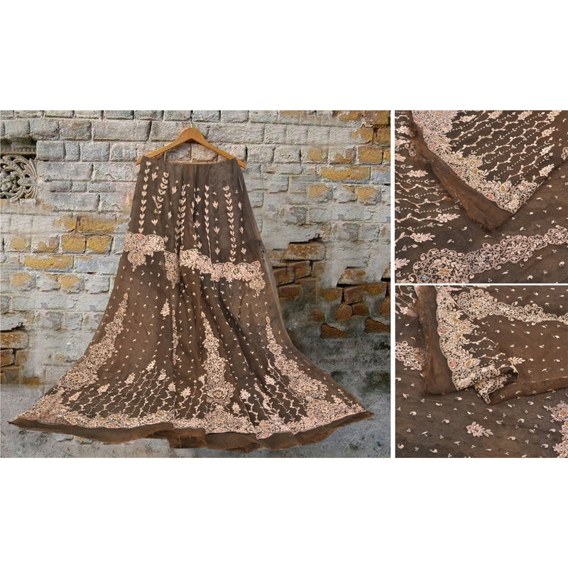 Sanskriti Vintage Long Skirt Net Mesh Dark Brown Hand Beaded Unstitched Lehenga