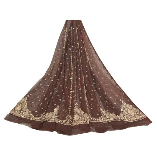 Sanskriti Vintage Lang Nederdel Net Mesh Mørkebrun Håndperlet Usyet Lehenga