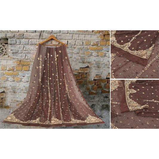 Sanskriti Vintage Lang Nederdel Net Mesh Mørkebrun Håndperlet Usyet Lehenga