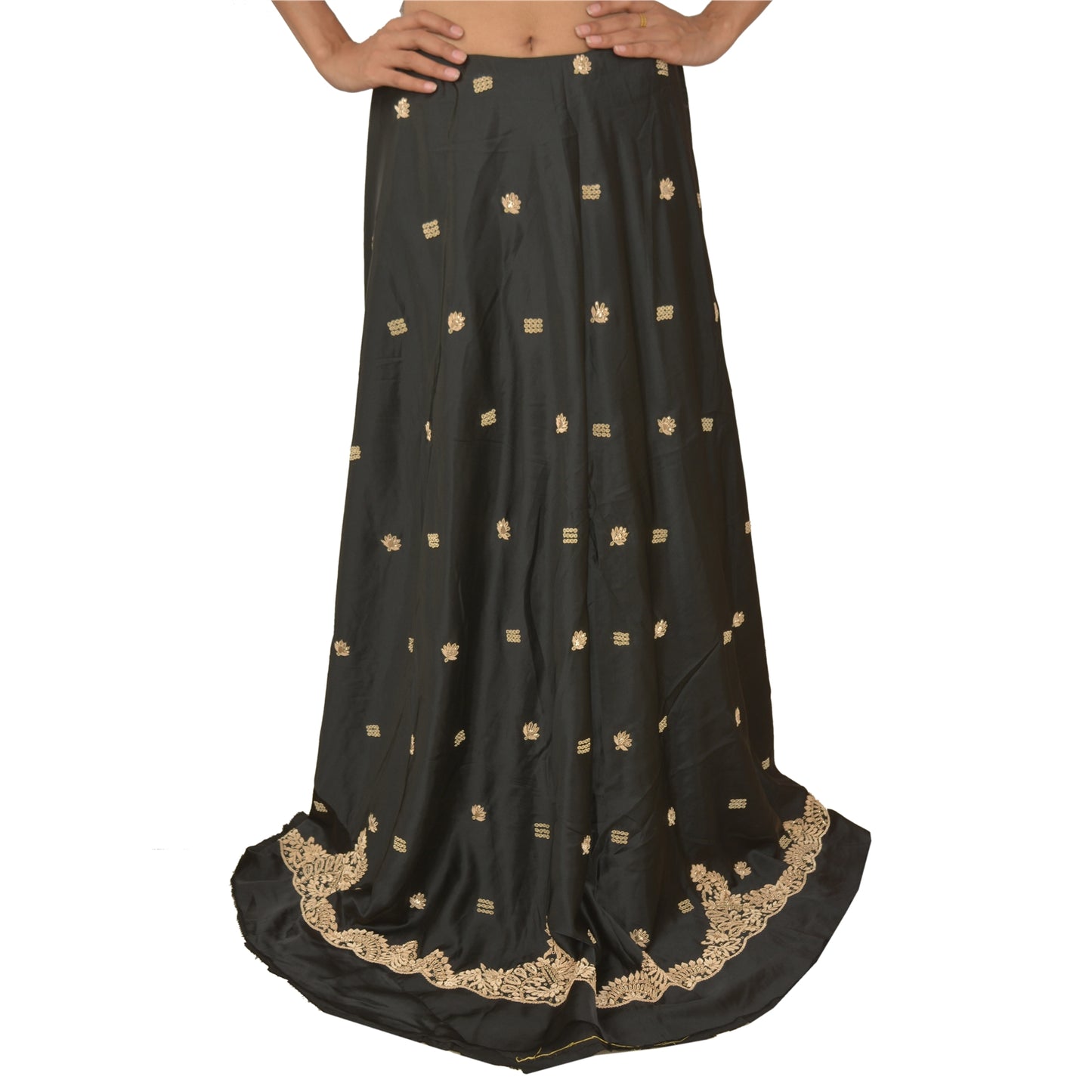 Sanskriti Vintage Lang Nederdel Ren Satin Silke Håndperler Sort Usyet Lehenga