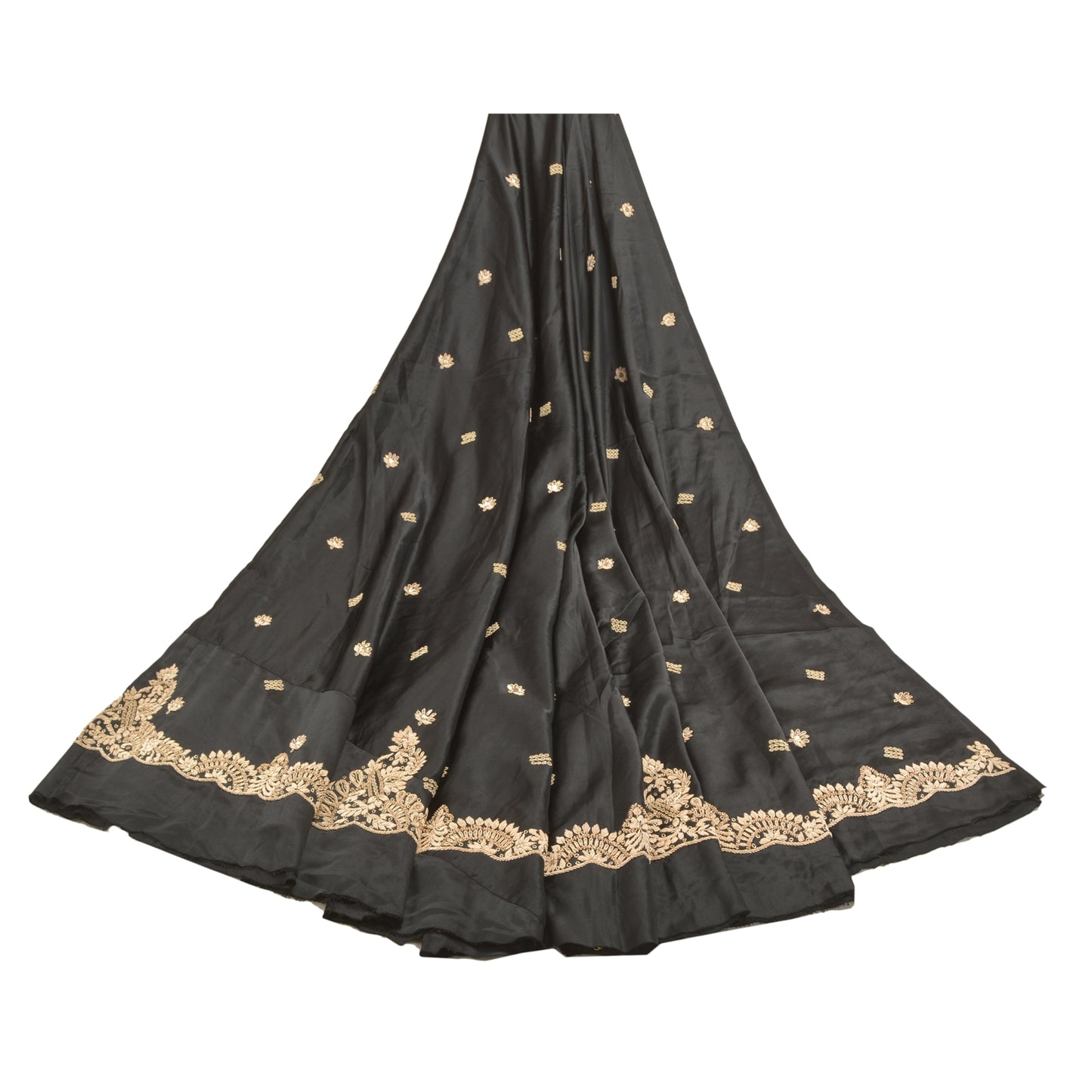 Sanskriti Vintage Lang Nederdel Ren Satin Silke Håndperler Sort Usyet Lehenga