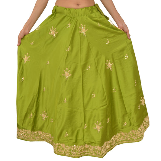 Sanskriti Vintage Long Skirt Pure Satin Silk Green Hand Beaded Stitched Lehenga
