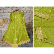 Sanskriti Vintage Long Skirt Pure Satin Silk Green Hand Beaded Stitched Lehenga