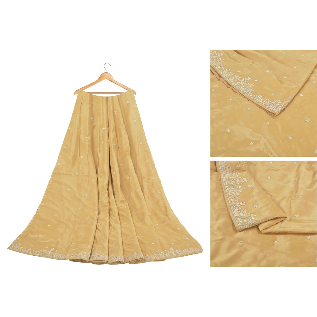 Sanskriti Vintage Long Skirt Pure Silk Beige Hand Beaded Unstitched Lehenga