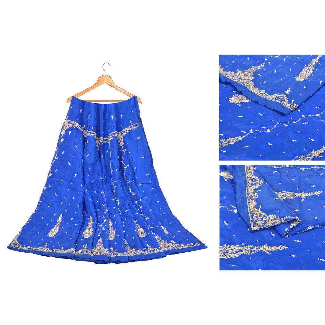 Sanskriti Vintage Long Skirt Pure Silk Royal Blue Hand Beaded Unstitched Lehenga