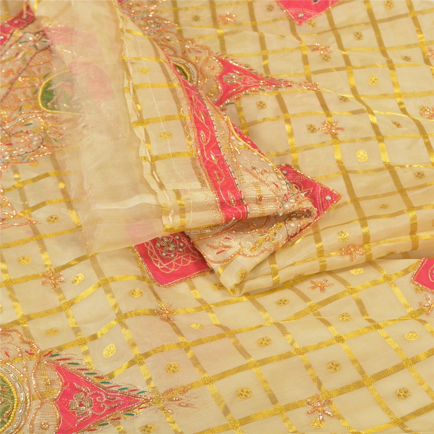 Sanskriti Vintage Long Skirt Pure Organza Silk Handmade Woven Unstitched Lehenga