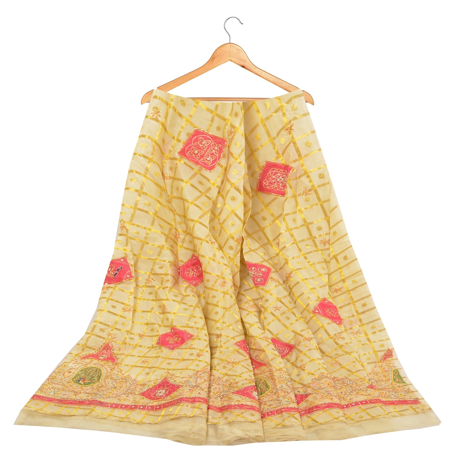 Sanskriti Vintage Long Skirt Pure Organza Silk Handmade Woven Unstitched Lehenga