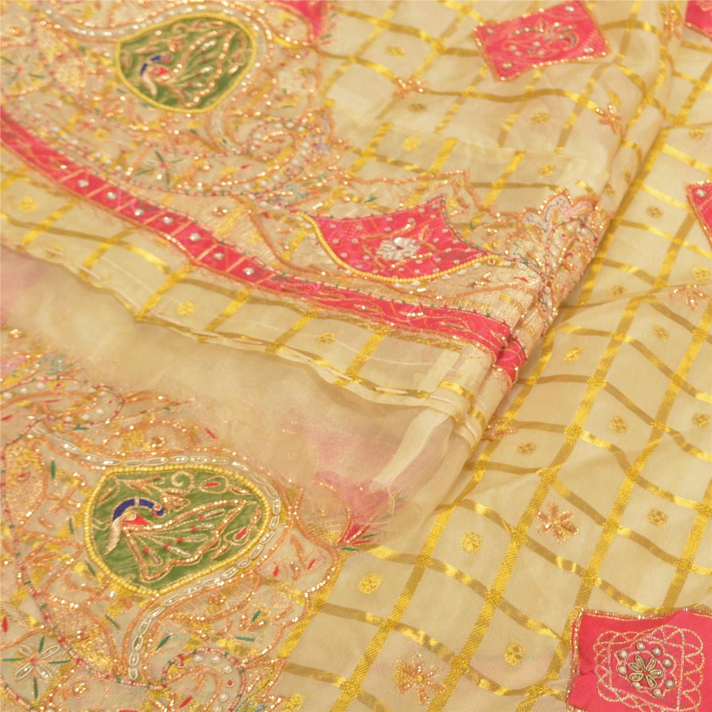 Sanskriti Vintage Long Skirt Pure Organza Silk Handmade Woven Unstitched Lehenga