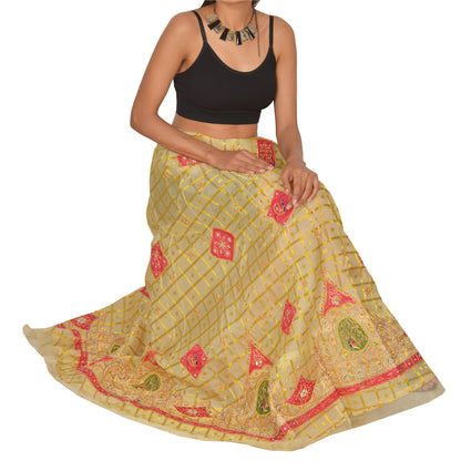 Sanskriti Vintage Long Skirt Pure Organza Silk Handmade Woven Unstitched Lehenga