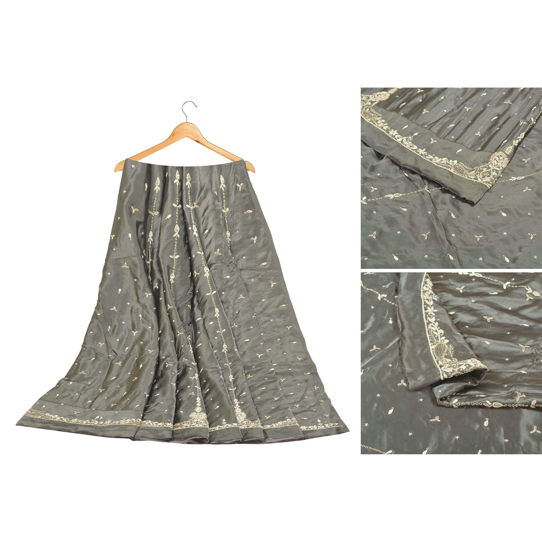 Sanskriti Vintage Long Skirt Pure Satin Silk Grey Hand Beaded Unstitched Lehenga
