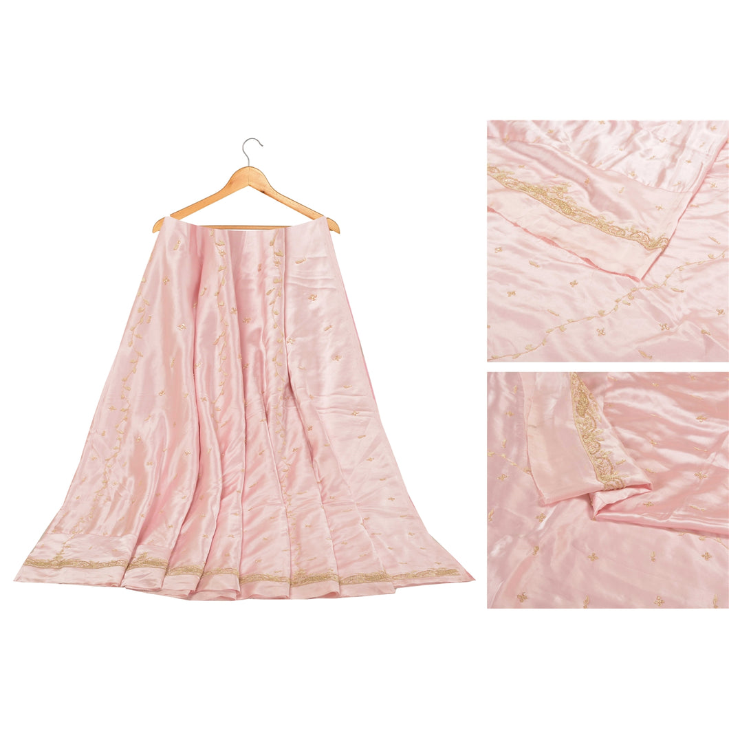 Sanskriti Vintage Long Skirt Pure Satin Silk Pink Hand Beaded Unstitched Lehenga