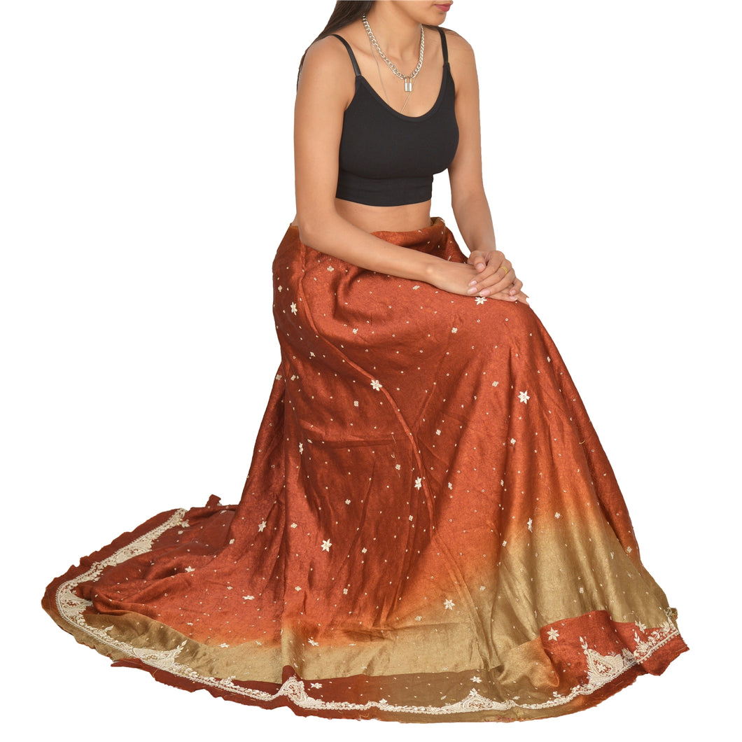 Sanskriti Vintage Long Skirt 100% Pure Satin Silk Hand Beaded Unstitched Lehenga