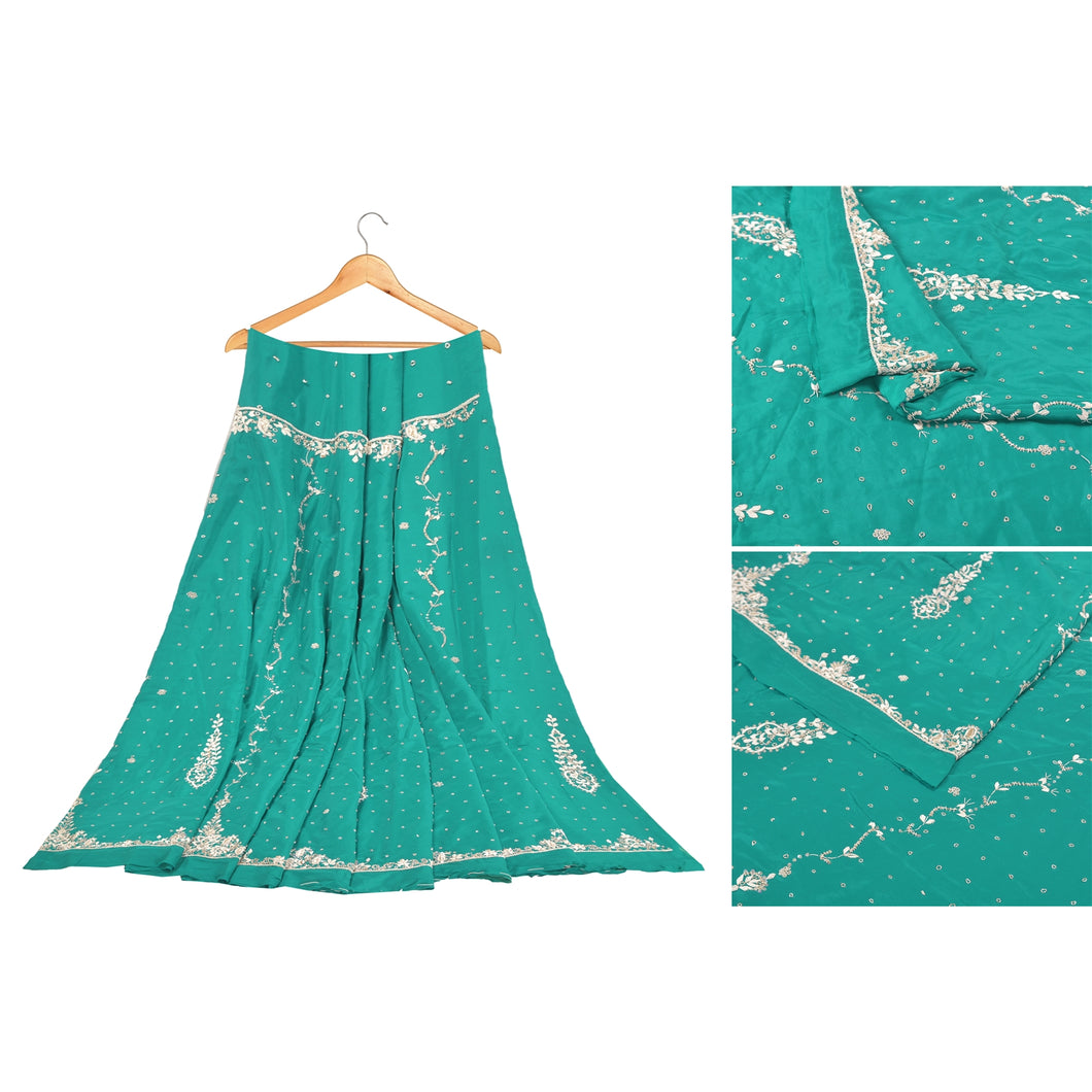 Sanskriti Vintage Long Skirt Art Silk Green Hand Beaded Unstitched Lehenga