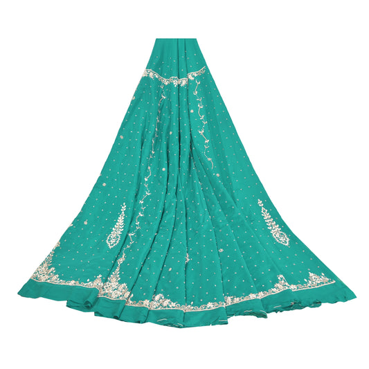 Sanskriti Vintage Long Skirt Art Silk Green Hand Beaded Unstitched Lehenga