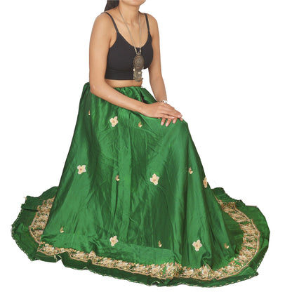 Sanskriti Vintage Long Skirt Pure Satin Silk Green Handmade Unstitched Lehenga