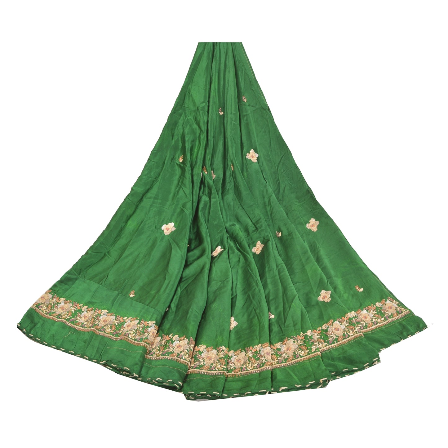 Sanskriti Vintage Long Skirt Pure Satin Silk Green Handmade Unstitched Lehenga