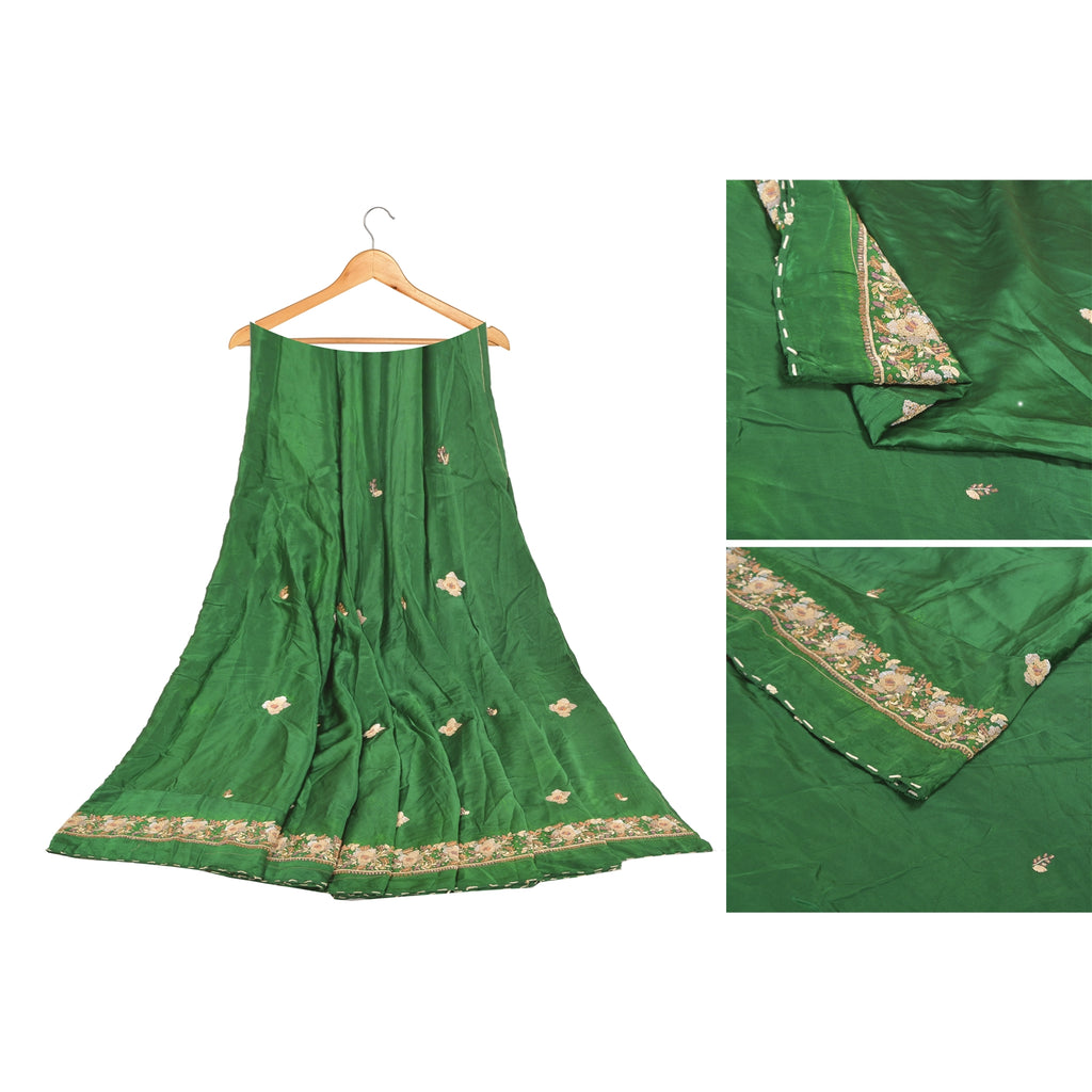 Sanskriti Vintage Long Skirt Pure Satin Silk Green Handmade Unstitched Lehenga
