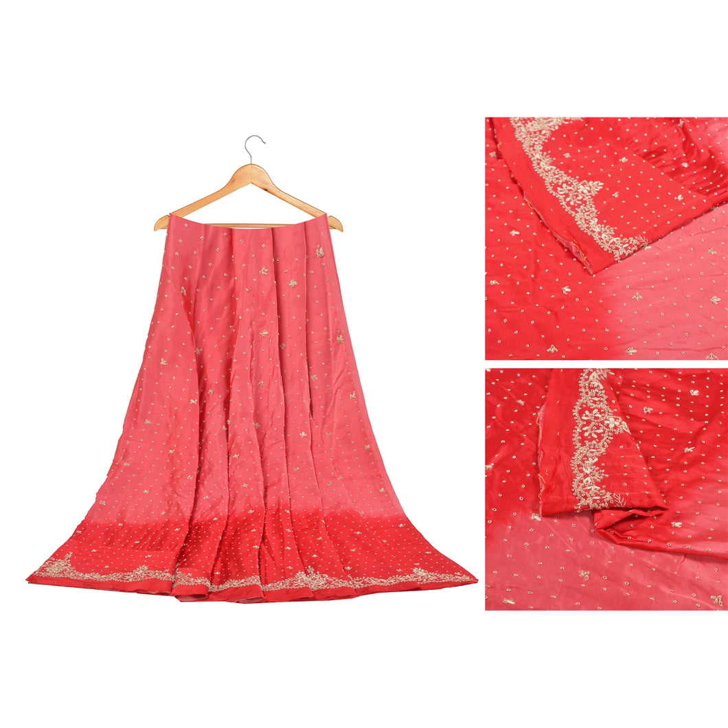 Sanskriti Vintage Long Skirt Pure Satin Silk Red Hand Beaded Unstitched Lehenga