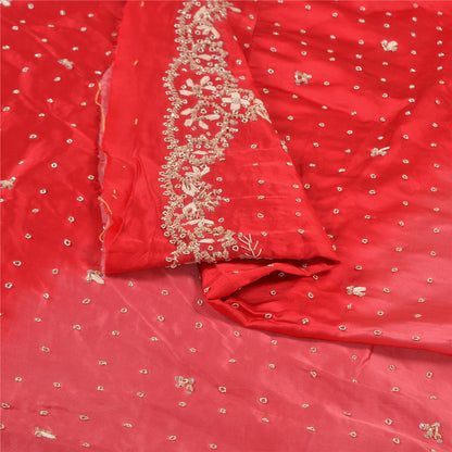 Sanskriti Vintage Long Skirt Pure Satin Silk Red Hand Beaded Unstitched Lehenga