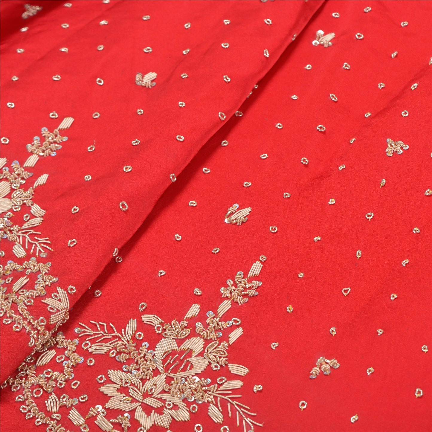 Sanskriti Vintage Long Skirt Pure Satin Silk Red Hand Beaded Unstitched Lehenga