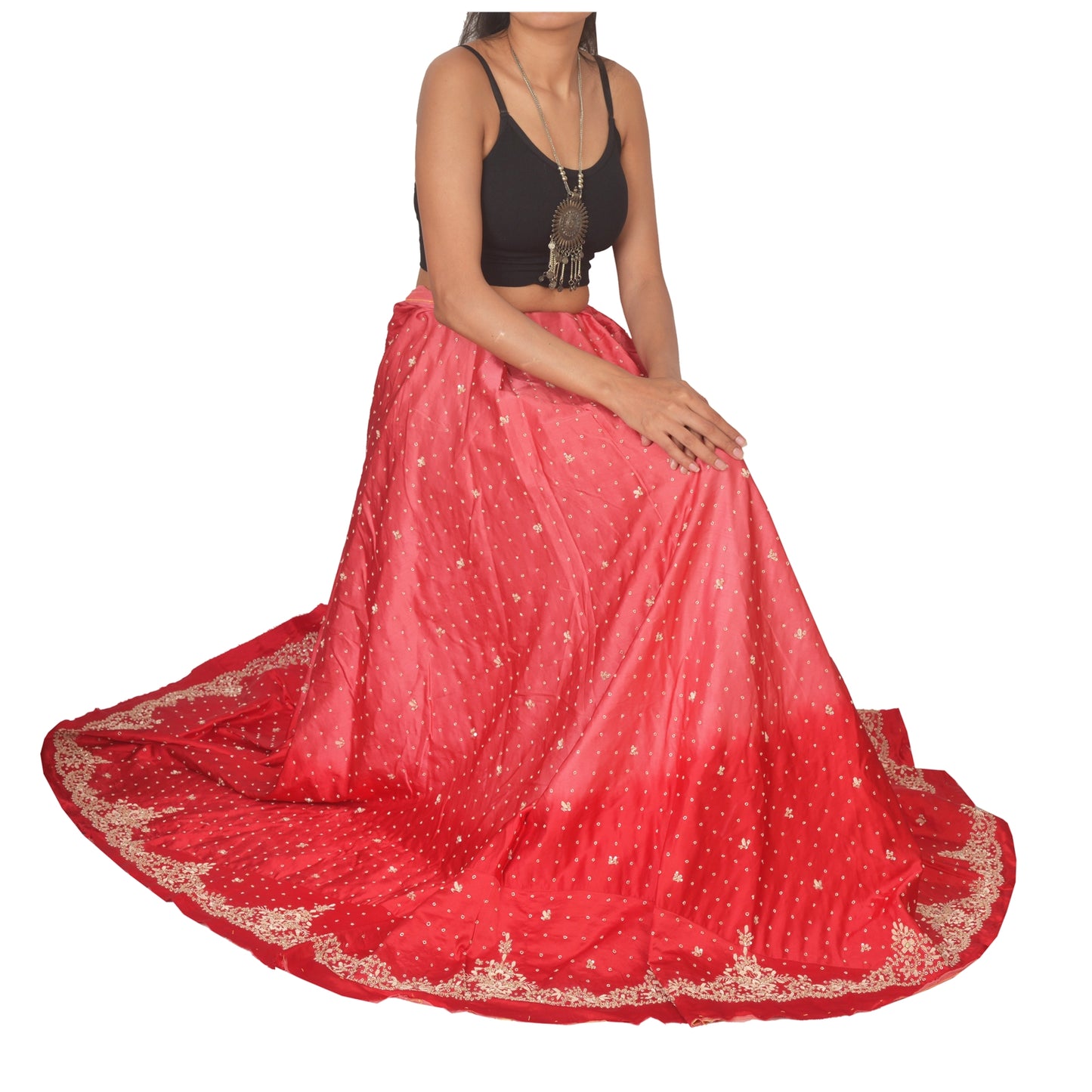 Sanskriti Vintage Long Skirt Pure Satin Silk Red Hand Beaded Unstitched Lehenga