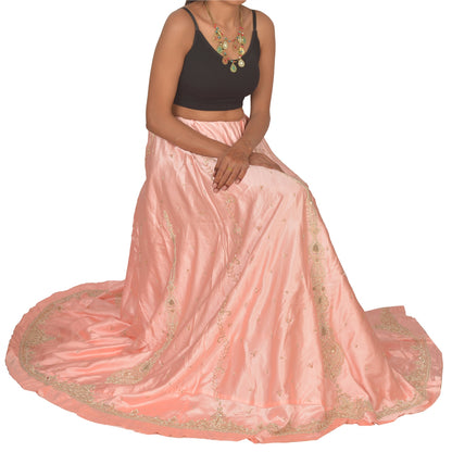 Sanskriti Vintage Long Skirt Pure Satin Silk Peach Handmade Unstitched Lehenga